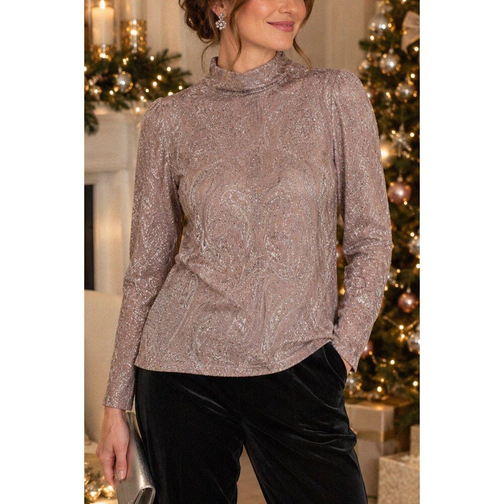 Ann Klein Silver Metallic Paisley Mock Neck Sheer Mesh Long Sleeve Top Party L